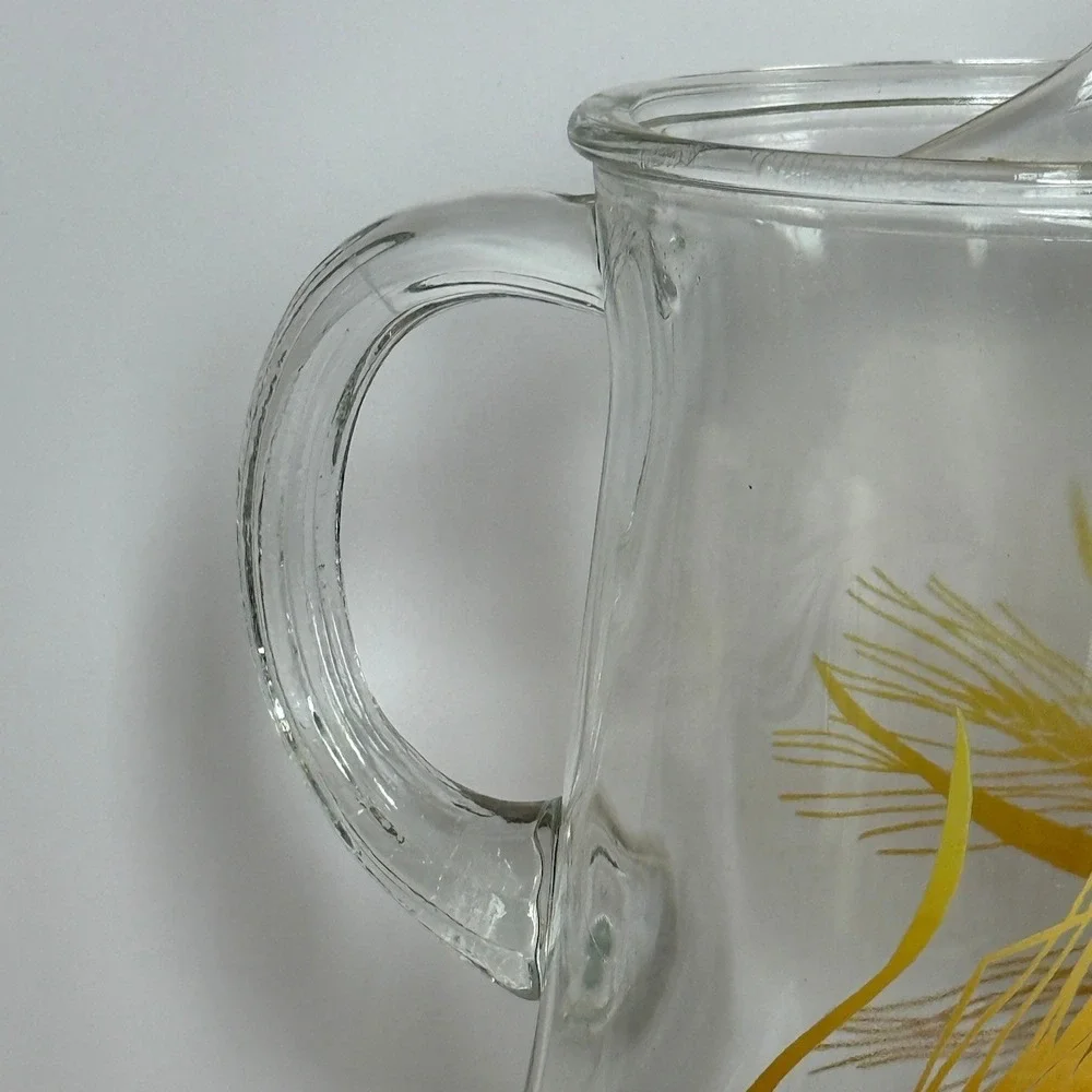Vintage Mid Century Glass Juice Pitcher‎ Yellow Golden Wheat Pattern Ice Lip